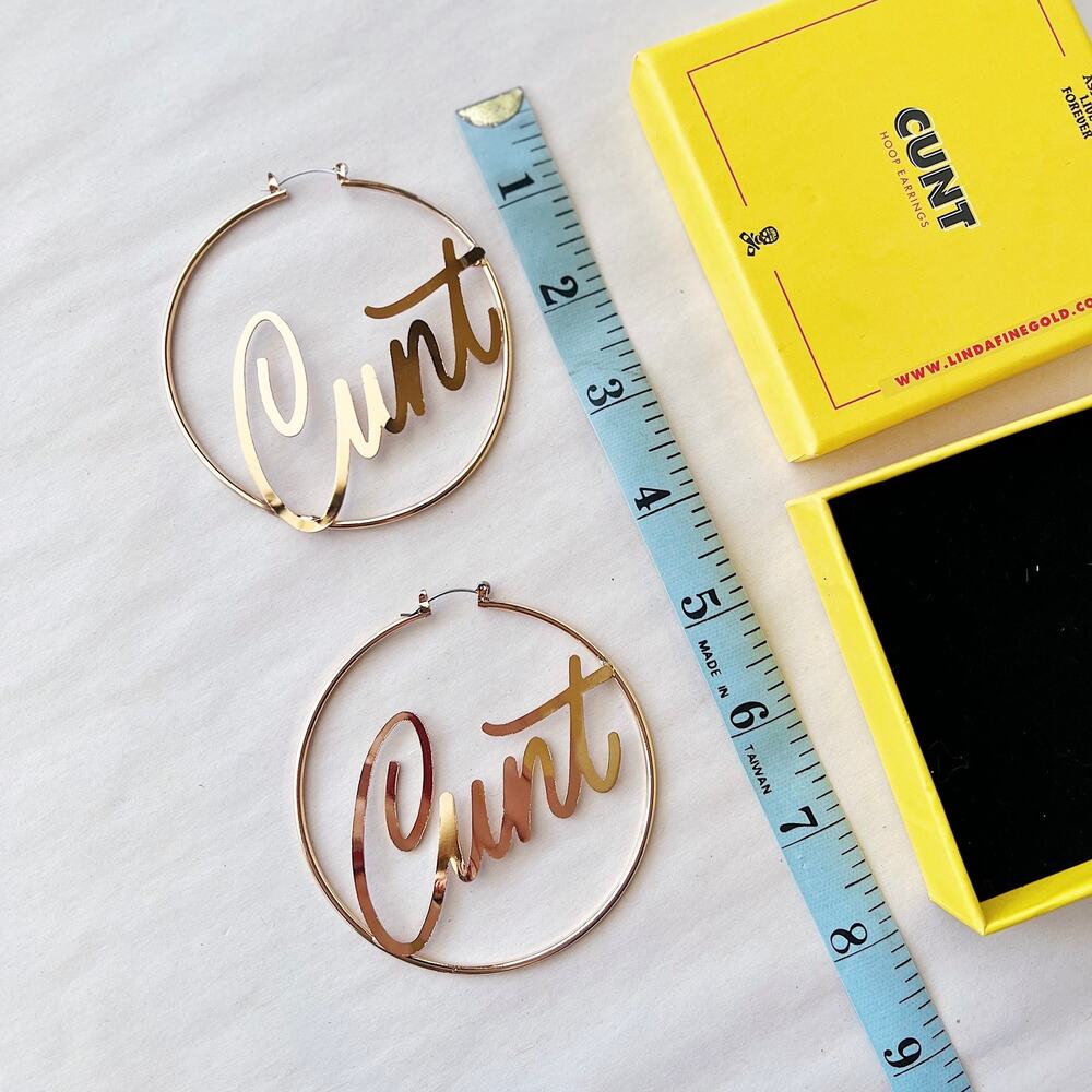 Linda Finegold C*NT Hoop Earrings New In Box Golden Tone Assholes Live Forever